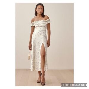 Reformation Off-Shoulder White and Blue Floral Dress
